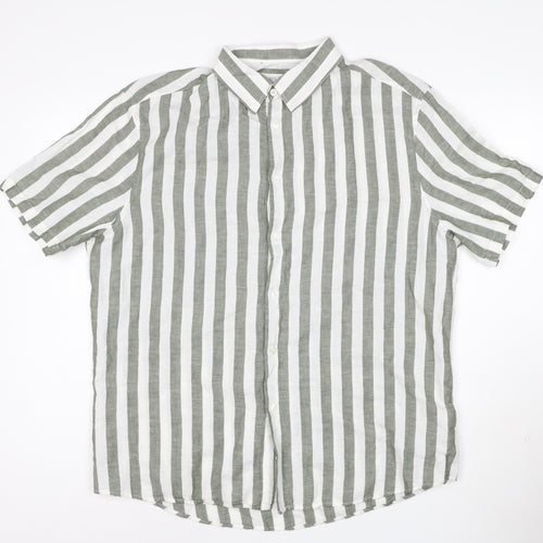 Marks and Spencer Men's Green Striped Linen Blend Short Sleeve Shirt XL
