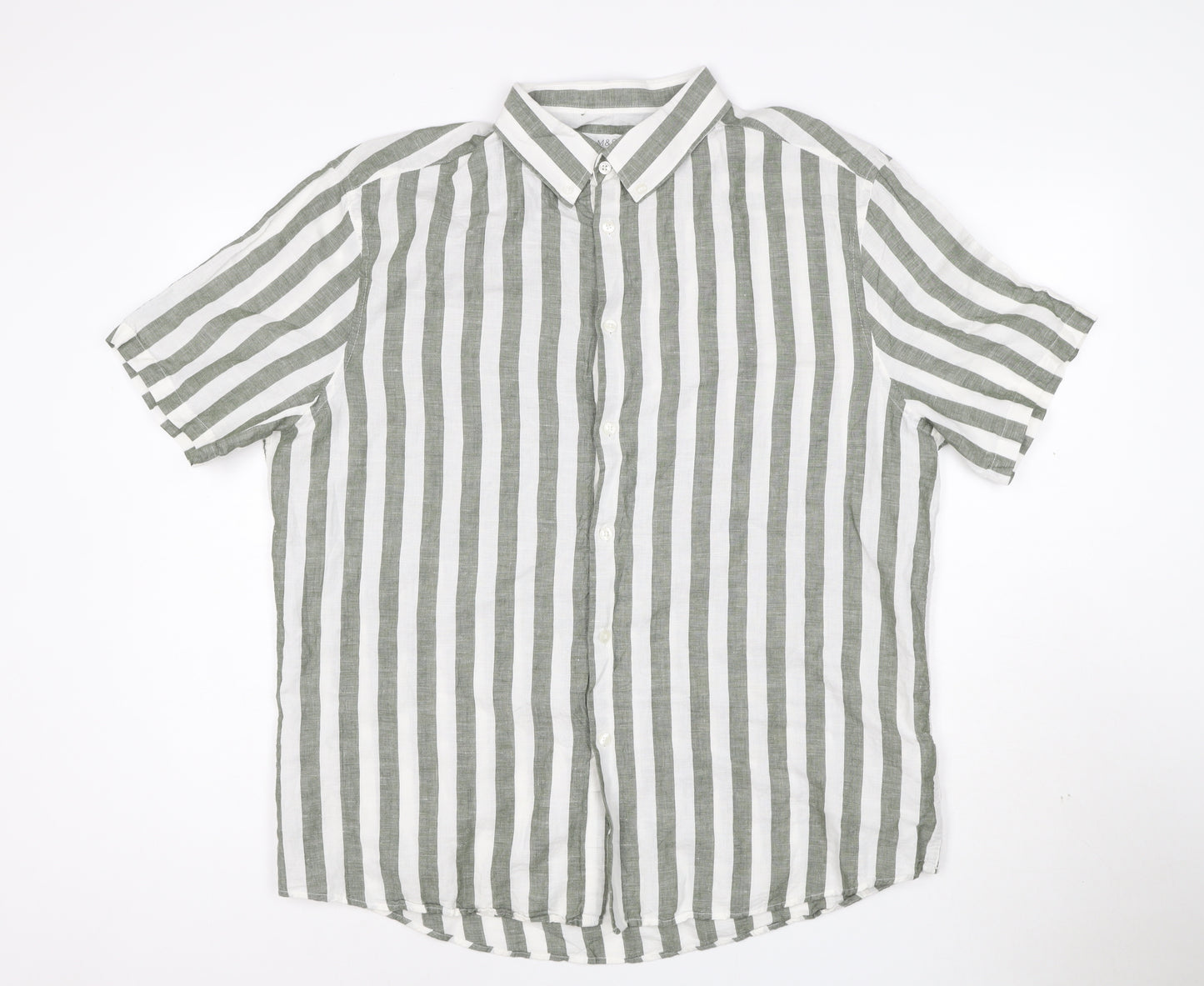 Marks and Spencer Men's Green Striped Linen Blend Short Sleeve Shirt XL