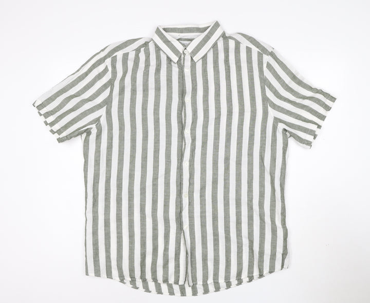 Marks and Spencer Men's Green Striped Linen Blend Short Sleeve Shirt XL