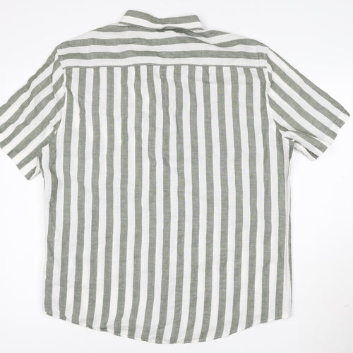 Marks and Spencer Men's Green Striped Linen Blend Short Sleeve Shirt XL
