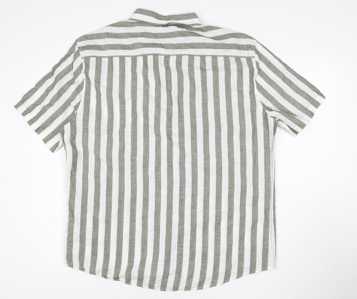 Marks and Spencer Men's Green Striped Linen Blend Short Sleeve Shirt XL