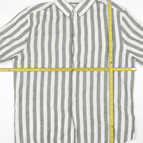 Marks and Spencer Men's Green Striped Linen Blend Short Sleeve Shirt XL