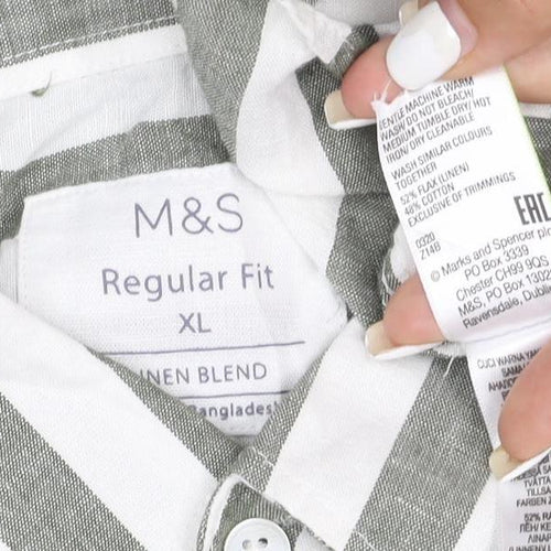 Marks and Spencer Men's Green Striped Linen Blend Short Sleeve Shirt XL