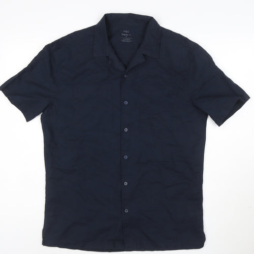 Marks and Spencer Men's Blue Linen Blend Regular Fit Short Sleeve Shirt M