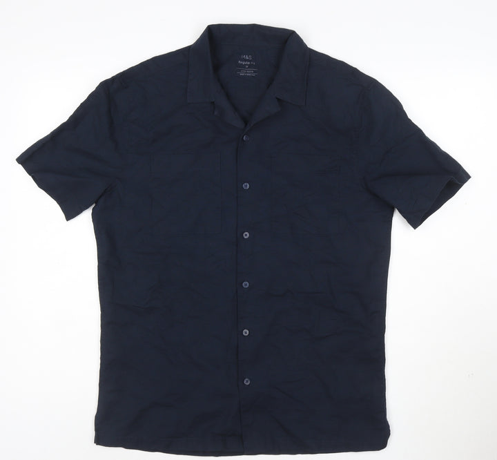 Marks and Spencer Men's Blue Linen Blend Regular Fit Short Sleeve Shirt M