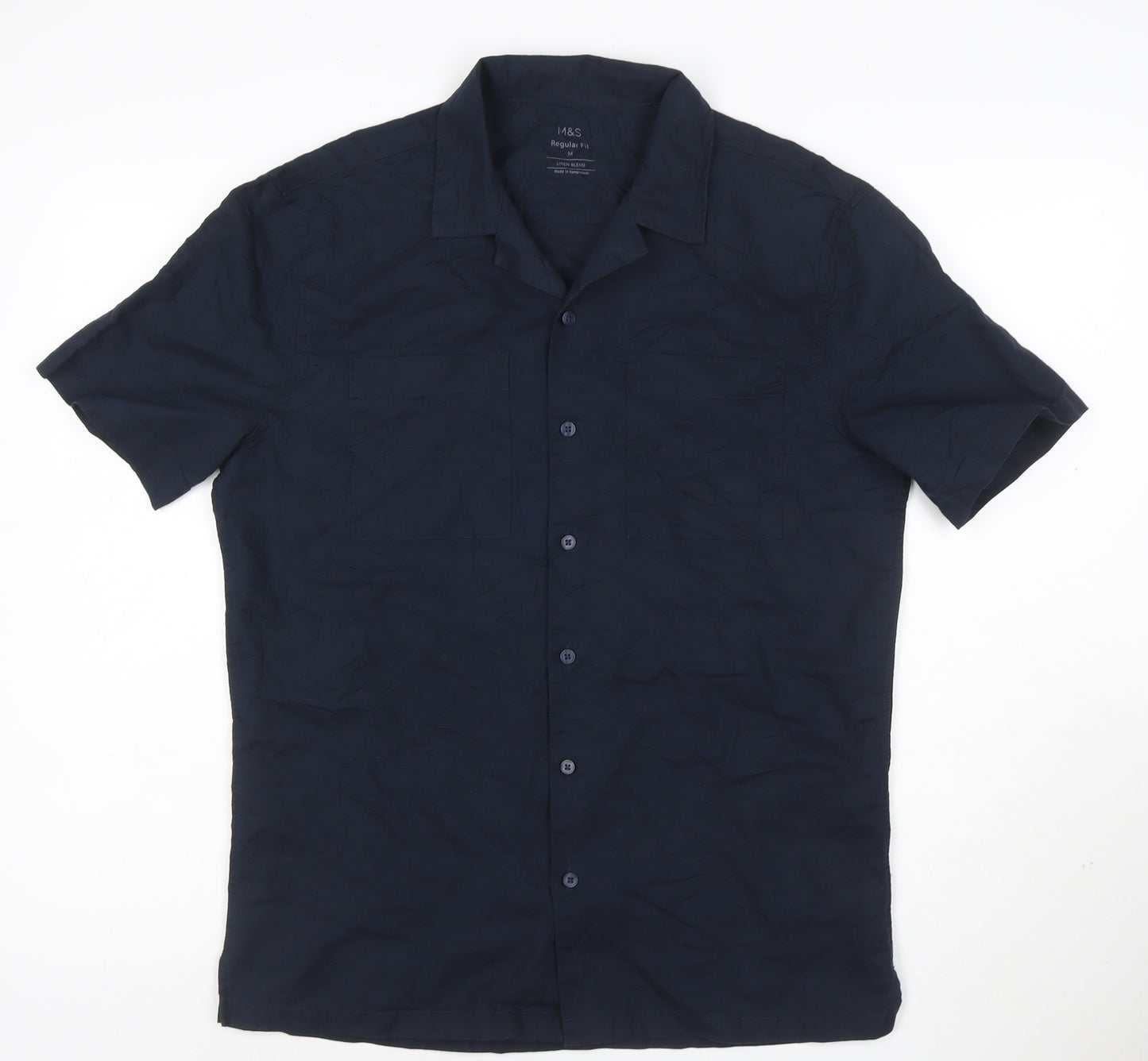 Marks and Spencer Men's Blue Linen Blend Regular Fit Short Sleeve Shirt M