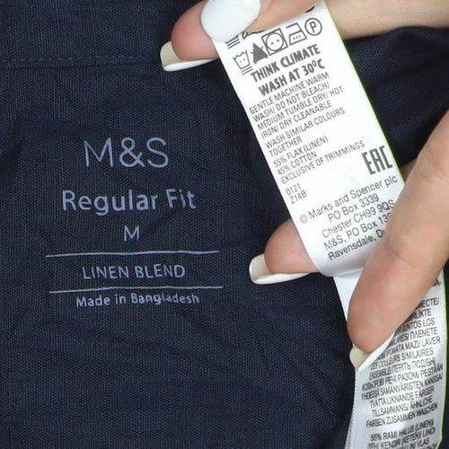 Marks and Spencer Men's Blue Linen Blend Regular Fit Short Sleeve Shirt M