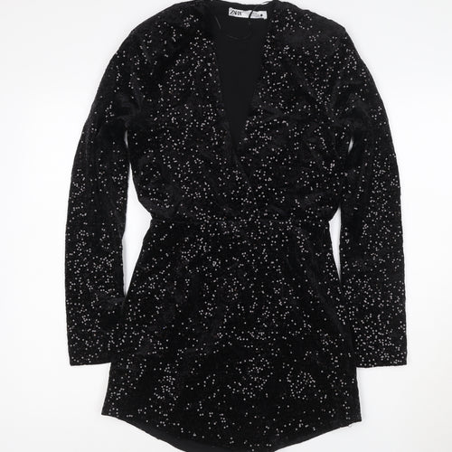 Zara Women Black Sequin Velvet Wrap Dress XS Long Sleeve Party