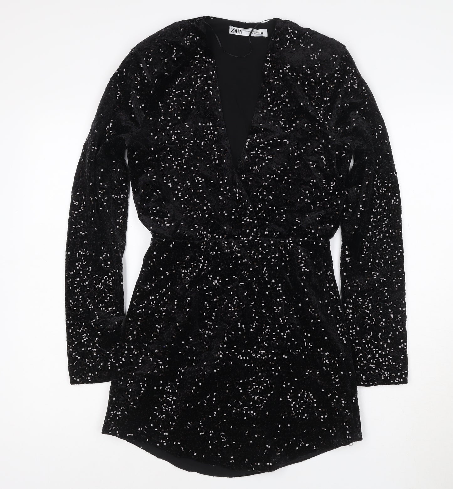 Zara Women Black Sequin Velvet Wrap Dress XS Long Sleeve Party