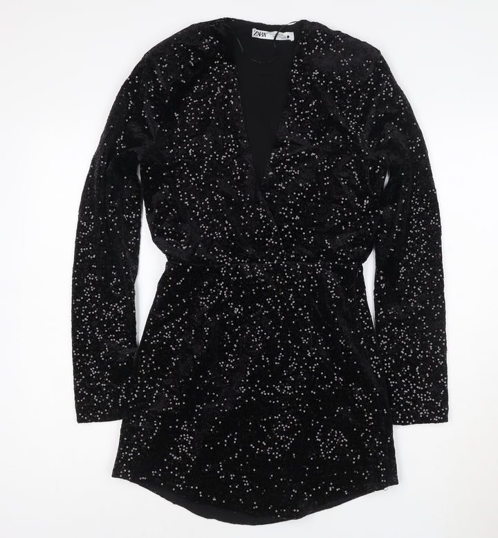 Zara Women Black Sequin Velvet Wrap Dress XS Long Sleeve Party