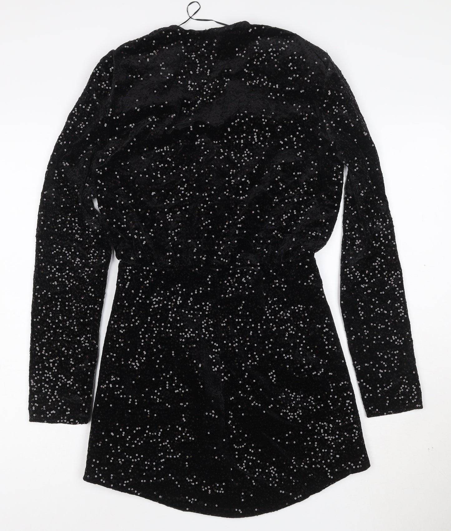 Zara Women Black Sequin Velvet Wrap Dress XS Long Sleeve Party