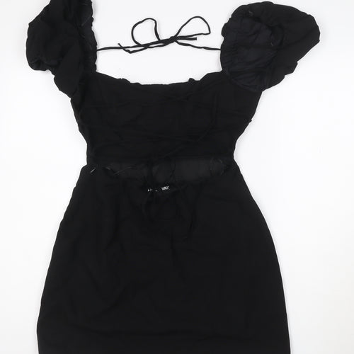 ZARA Women Black Short Puff Sleeve Ruched Bodycon Dress Size L