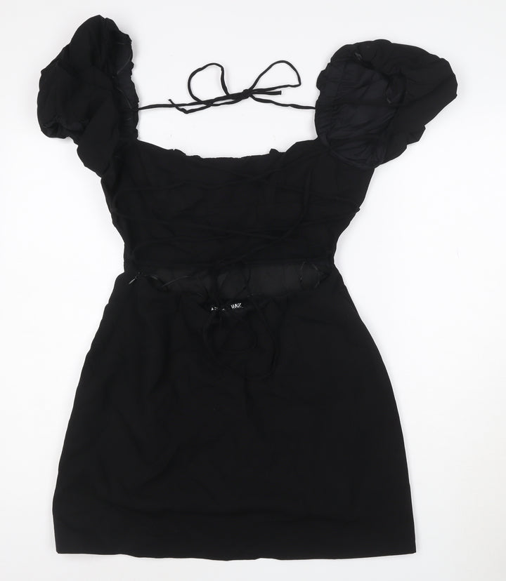 ZARA Women Black Short Puff Sleeve Ruched Bodycon Dress Size L