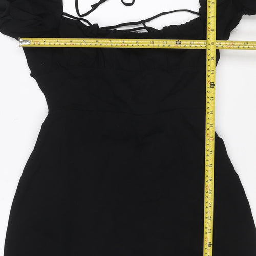 ZARA Women Black Short Puff Sleeve Ruched Bodycon Dress Size L