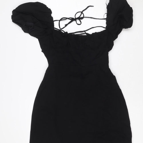 ZARA Women Black Short Puff Sleeve Ruched Bodycon Dress Size L