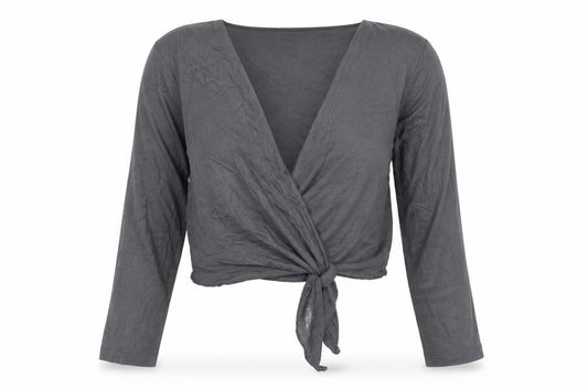Front view of Marks & Spencer Per Una Grey Wrap Blouse Women’s, size UK 14, Long Sleeve