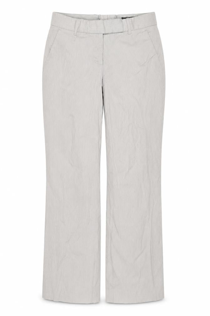 Front view of H&M Women's Beige Striped Regular Fit Cotton Blend Trousers, size 6