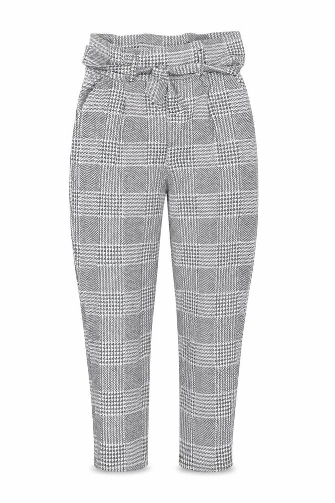 Front view of I Saw It First women’s grey check tapered belted trousers, size UK 10