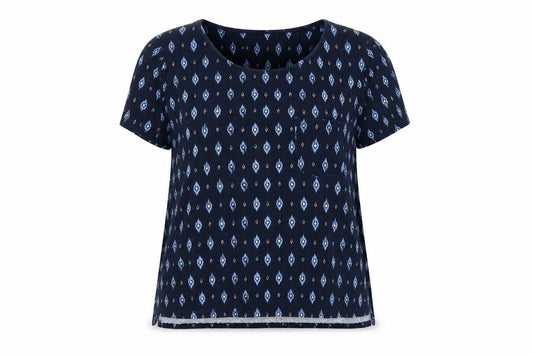 Front view of Principles Petite Women's Blue Geometric Cotton Short Sleeve T-Shirt, size 16
