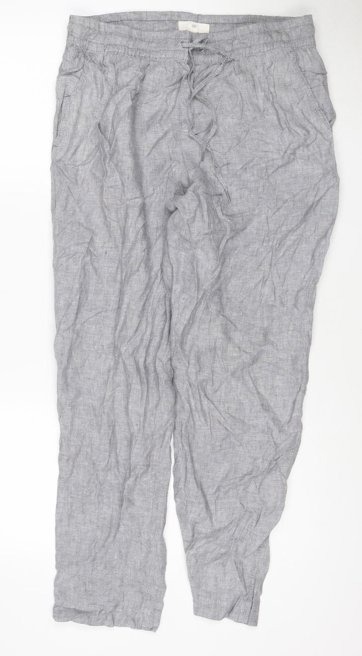H&M Womens Grey Linen Relaxed Fit Drawstring Trousers Size 12