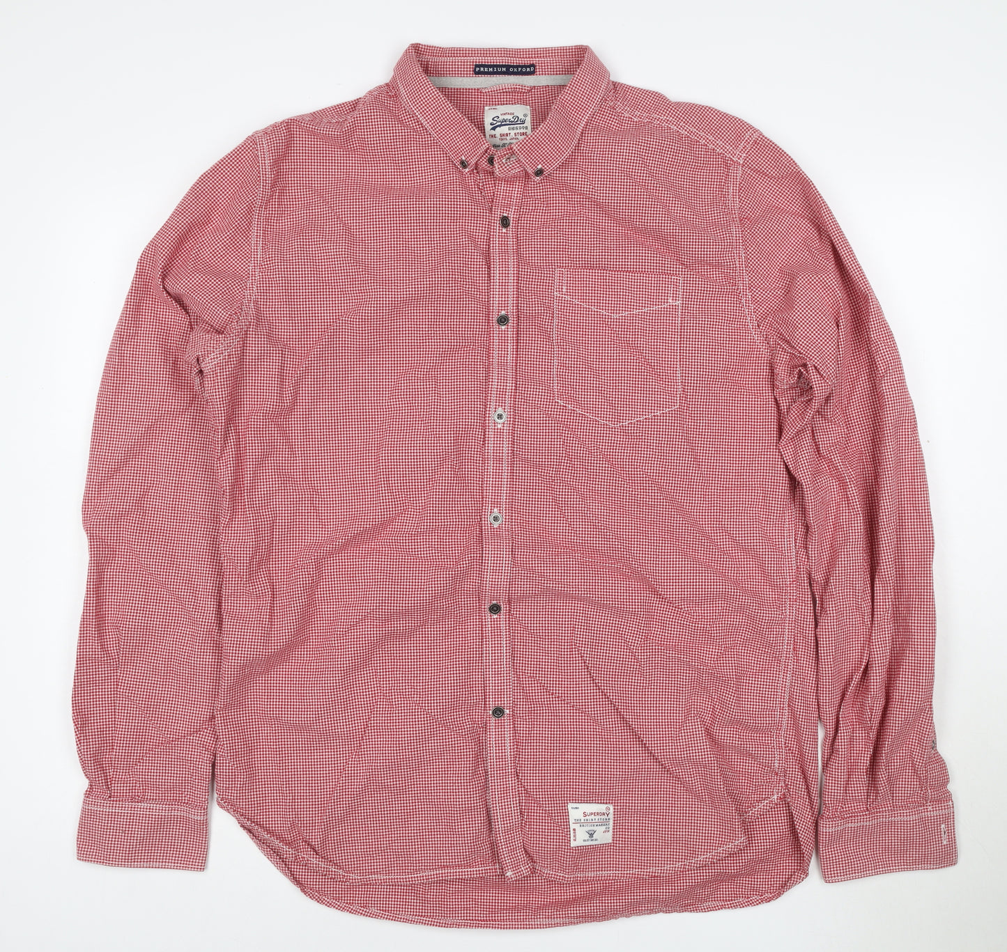 Superdry Men's Red Check Oxford Long Sleeve Cotton Shirt L