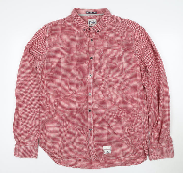 Superdry Men's Red Check Oxford Long Sleeve Cotton Shirt L