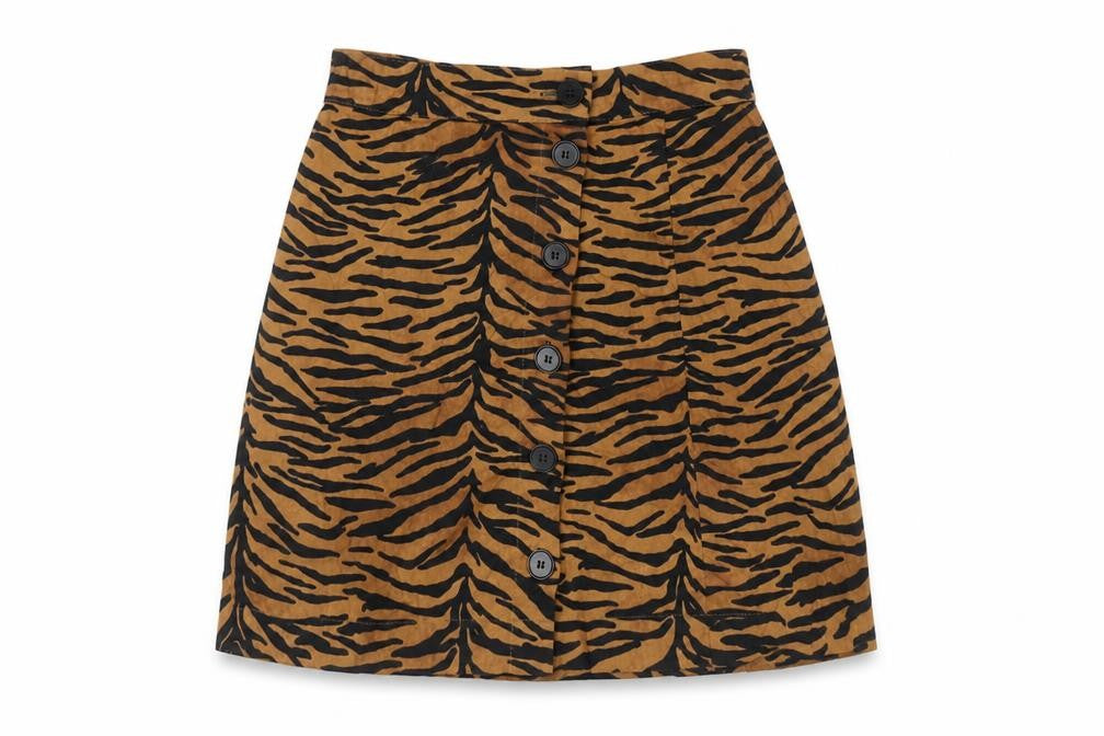 Front view of H&M Divided Women's Brown Animal Print Button A-Line Skirt, size 6