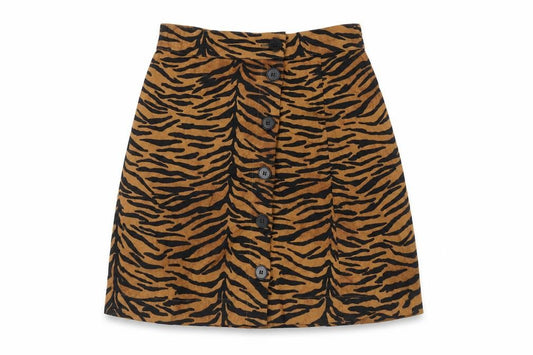 Front view of H&M Divided Women's Brown Animal Print Button A-Line Skirt, size 6