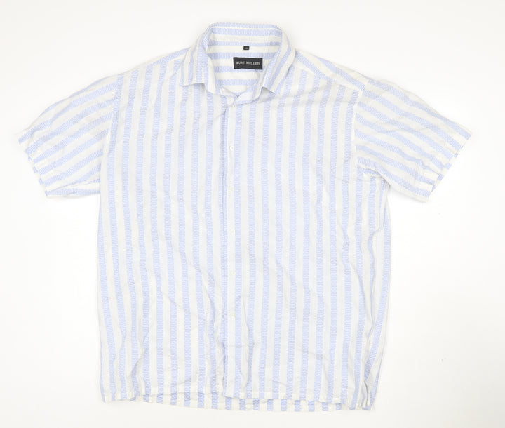 Kurt Muller Men's Blue Striped 2XL Cotton Short Sleeve Shirt