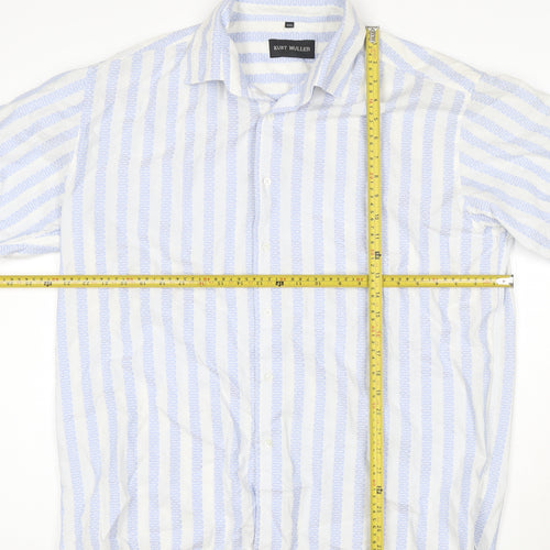Kurt Muller Men's Blue Striped 2XL Cotton Short Sleeve Shirt