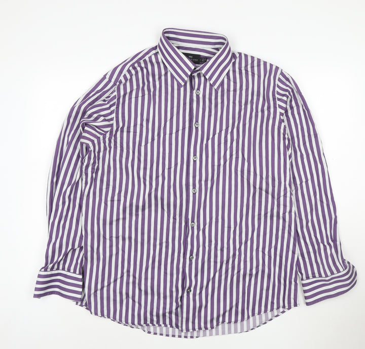 Marks and Spencer Men’s Purple Striped Cotton Long Sleeve Shirt L