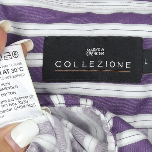 Marks and Spencer Men’s Purple Striped Cotton Long Sleeve Shirt L