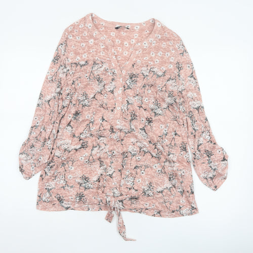 Roman Women’s Pink Floral 3/4 Sleeve V-Neck Tie Hem Blouse Size 16