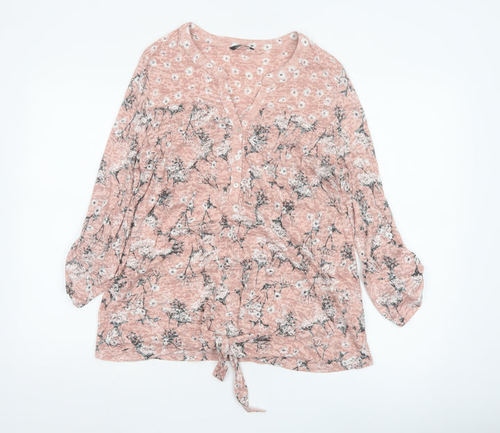 Roman Women’s Pink Floral 3/4 Sleeve V-Neck Tie Hem Blouse Size 16