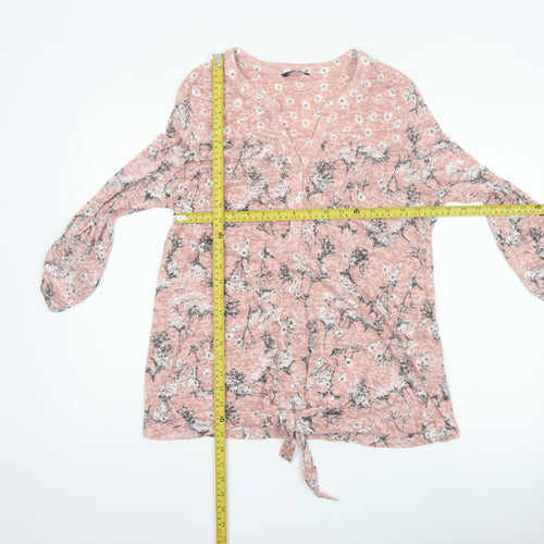 Roman Women’s Pink Floral 3/4 Sleeve V-Neck Tie Hem Blouse Size 16