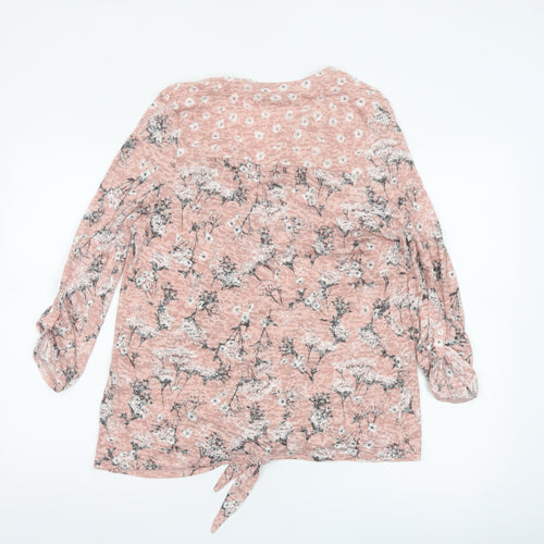 Roman Women’s Pink Floral 3/4 Sleeve V-Neck Tie Hem Blouse Size 16