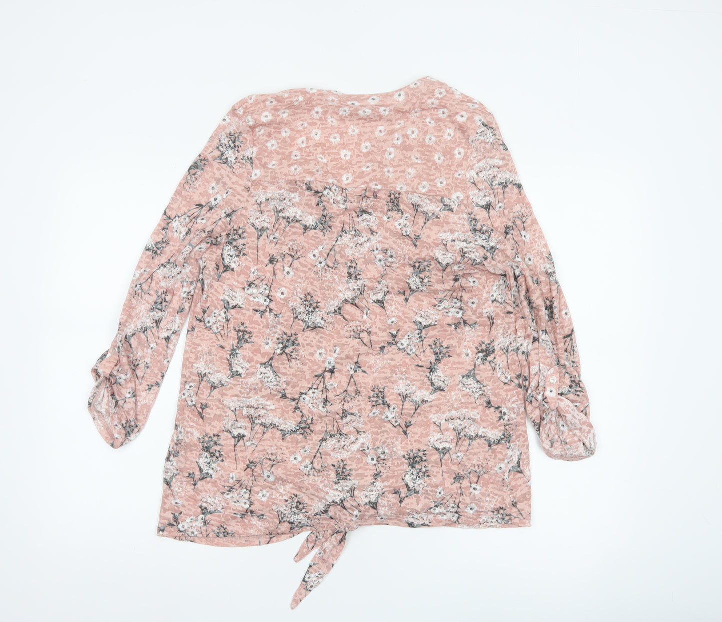Roman Women’s Pink Floral 3/4 Sleeve V-Neck Tie Hem Blouse Size 16