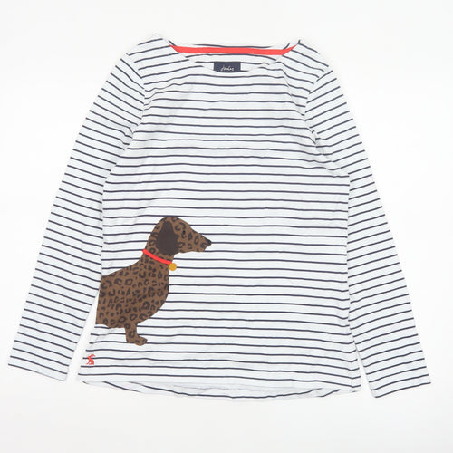 Joules Women's White Striped Long Sleeve Dog Cotton T-Shirt UK 10