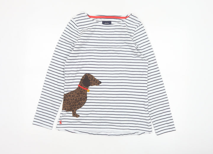Joules Women's White Striped Long Sleeve Dog Cotton T-Shirt UK 10