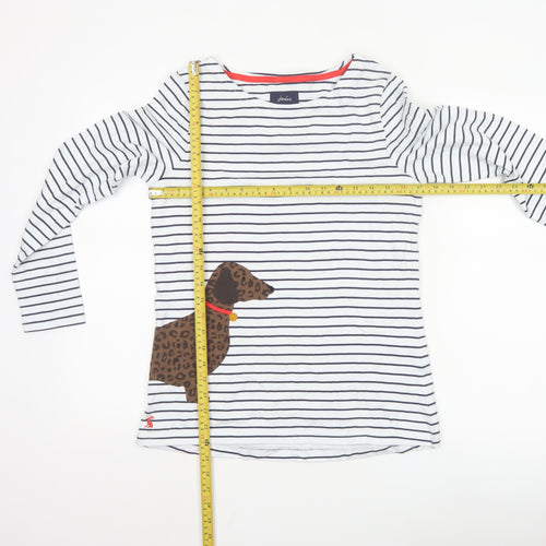 Joules Women's White Striped Long Sleeve Dog Cotton T-Shirt UK 10
