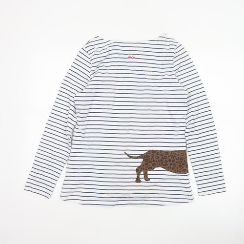 Joules Women's White Striped Long Sleeve Dog Cotton T-Shirt UK 10