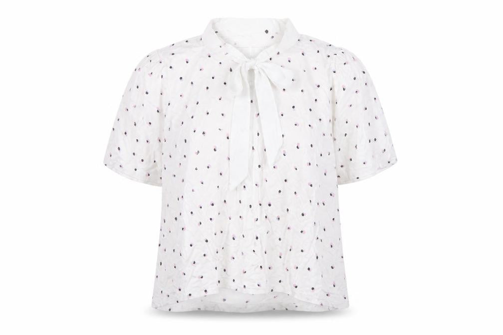 Front view of Marks & Spencer Ivory Polka Dot Bow Neck Women’s Blouse, size UK 20