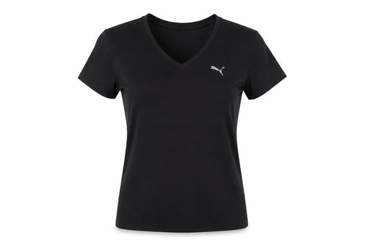 Front view of Puma women’s black v-neck slim fit polyester t-shirt, size UK 14
