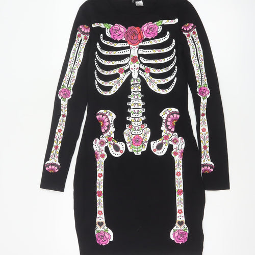 H&M Women Black Size 8 Skeleton Print Long Sleeve Bodycon Dress