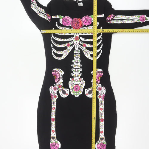 H&M Women Black Size 8 Skeleton Print Long Sleeve Bodycon Dress