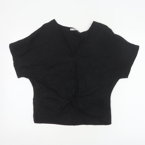 ZARA Women Black Basic V-Neck Knot Front Short Sleeve Blouse Size S