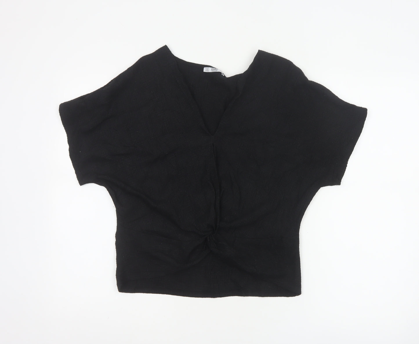ZARA Women Black Basic V-Neck Knot Front Short Sleeve Blouse Size S