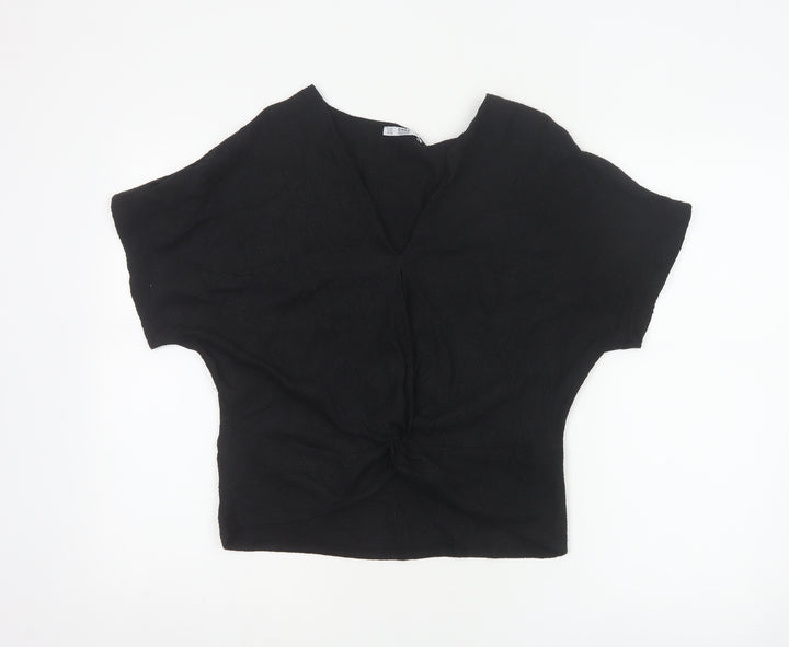 ZARA Women Black Basic V-Neck Knot Front Short Sleeve Blouse Size S