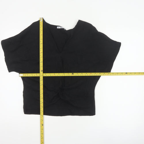 ZARA Women Black Basic V-Neck Knot Front Short Sleeve Blouse Size S