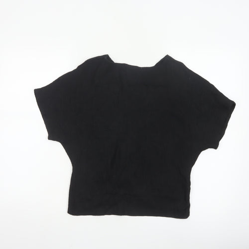ZARA Women Black Basic V-Neck Knot Front Short Sleeve Blouse Size S